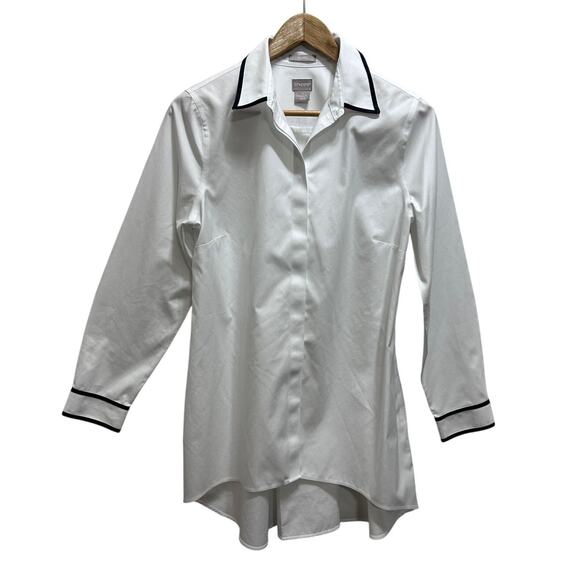 Chico's No Iron Optic White Black Contrast Trim Tunic Shirt 0 100% Cotton Bling - Picture 1 of 9